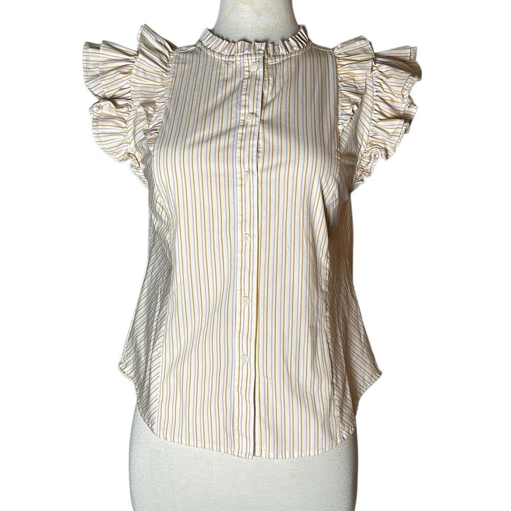 Ruffled Cap Sleeve Button Down sleeveless crew neck Stripe Blouse Top S cream